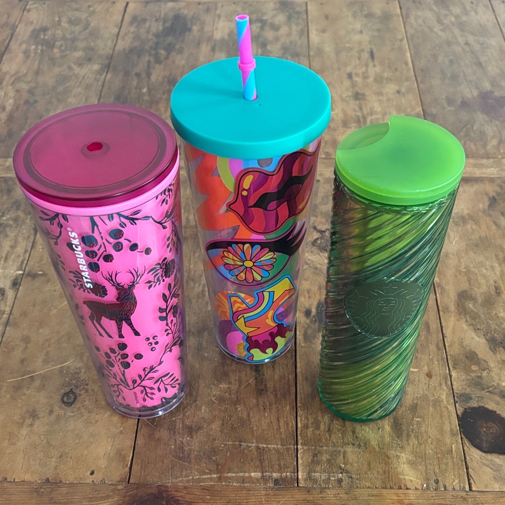 Starbucks Pink, Multicolor, and Green Tumbler Trio One Artist Tim Singleton